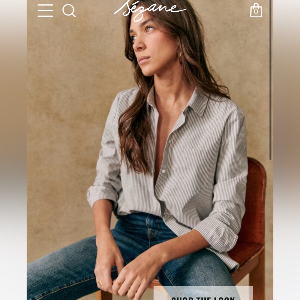 Like New * Sezane Tomboy Button Down Shirt - ecru/blue stripe